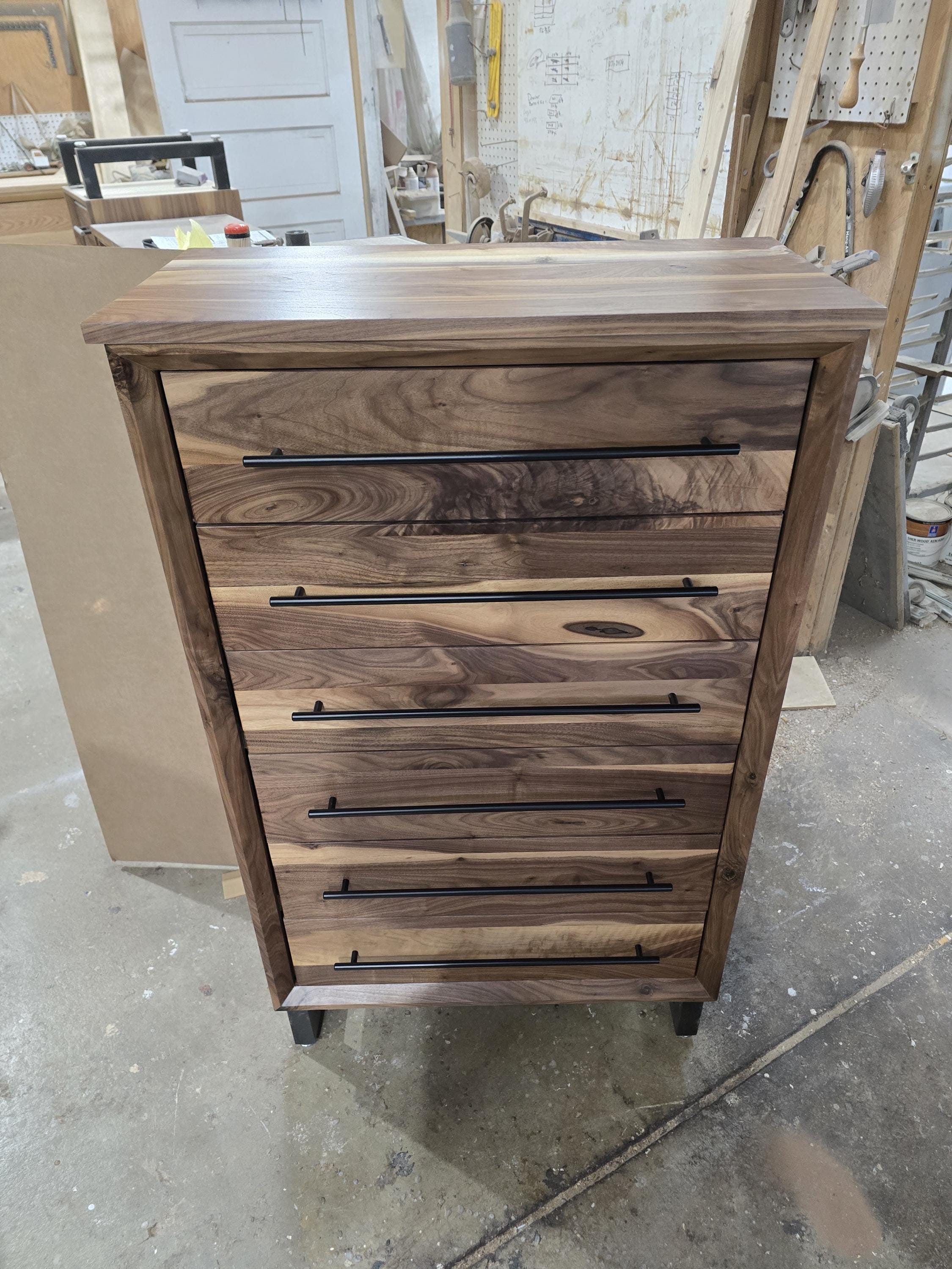 Handcrafted Modern Industrial 6 drawer Chest of Drawers in real walnut 49t x 30w x 18d with Steel Legs and Adjustable Feet