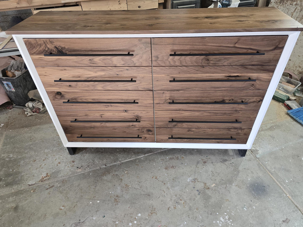 Hand Crafted 5 foot 42"tall  10 Drawer Modern Industrial Dresser with real Walnut Drawer Faces and top room of choice delivery included.