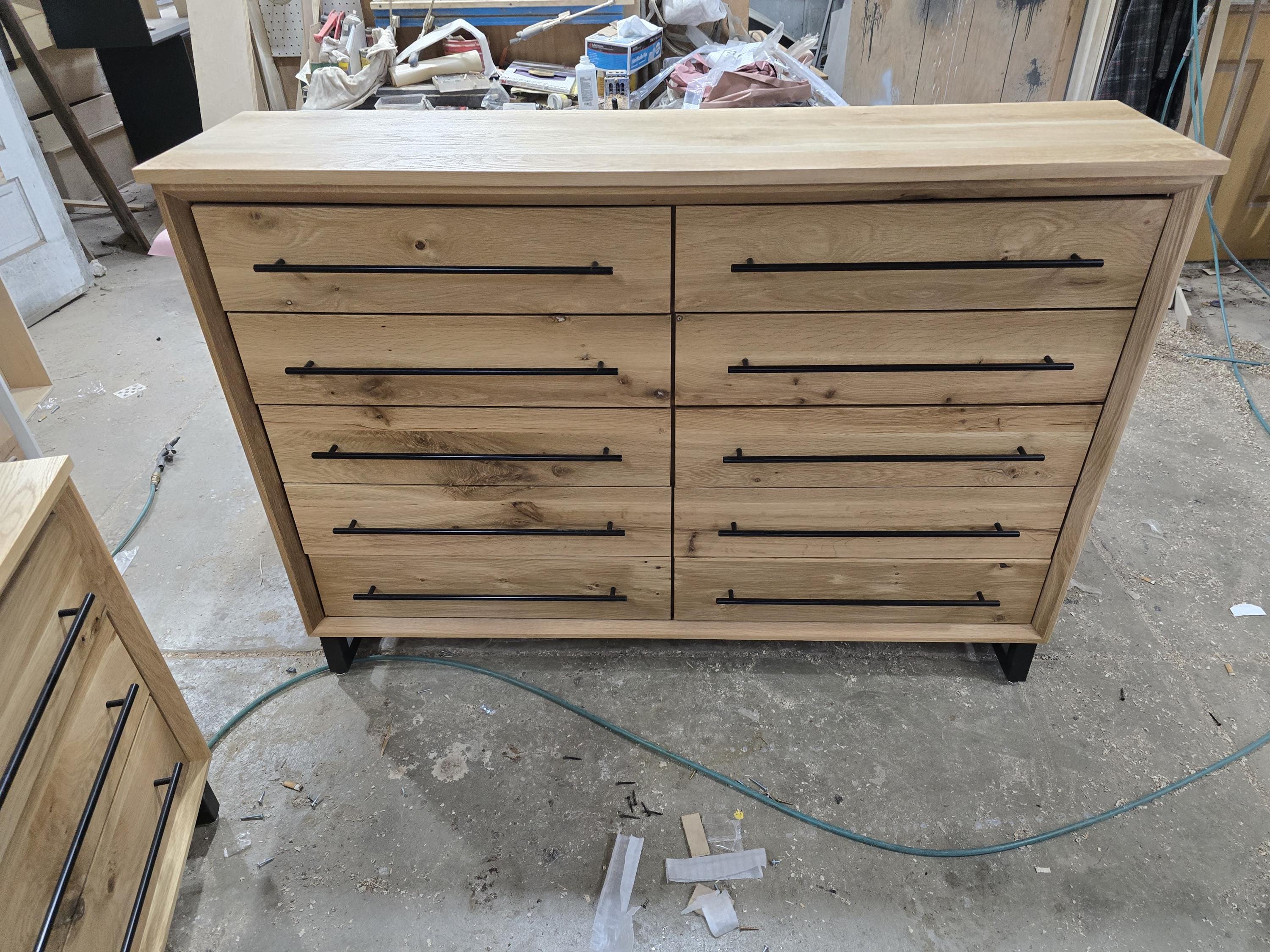 Hand Crafted 5 foot 42"tall 18 deep  10 Drawer Modern Industrial Dresser made of white oak on steel legs with adjustable feet