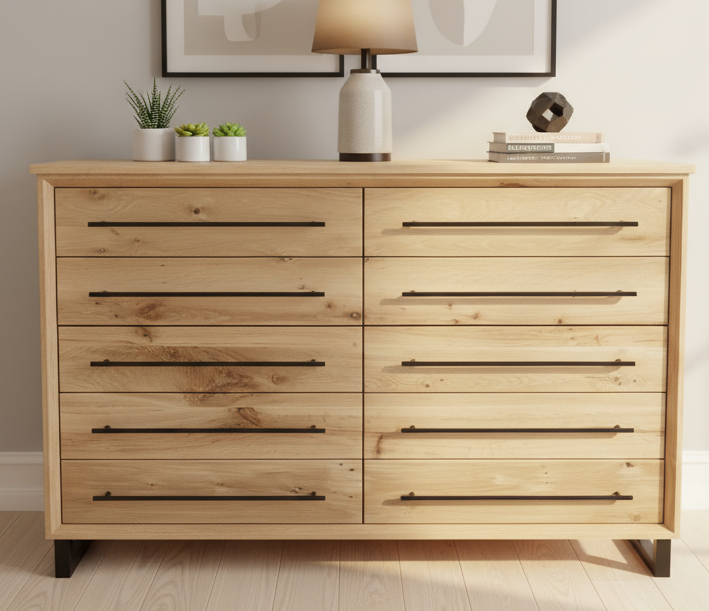 Hand Crafted 5 foot 42"tall 18 deep  10 Drawer Modern Industrial Dresser made of white oak on steel legs with adjustable feet