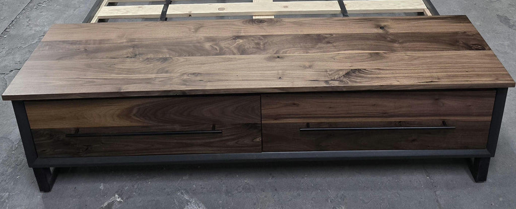 Handcrafted to order. footboard bench with storage dark Grey with walnut fronts and top. 2 drawer shown in queen available in all sizes