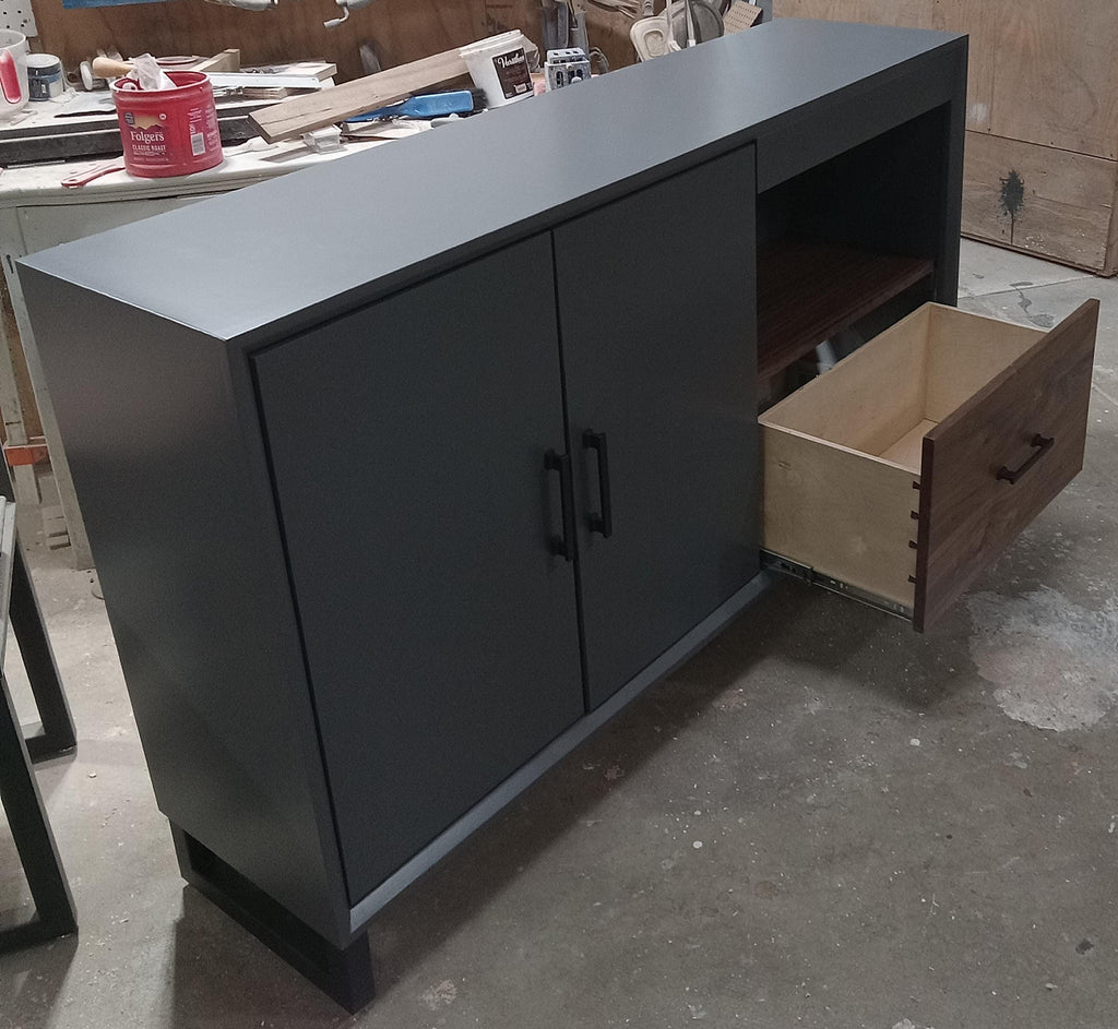 48" accent cabinet with open shelf and drawer with walnut fronts and top. Made to order.