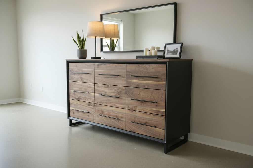 6foot 9 drawer walnut faced modern dresser in black with solid walnut top on steel legs.