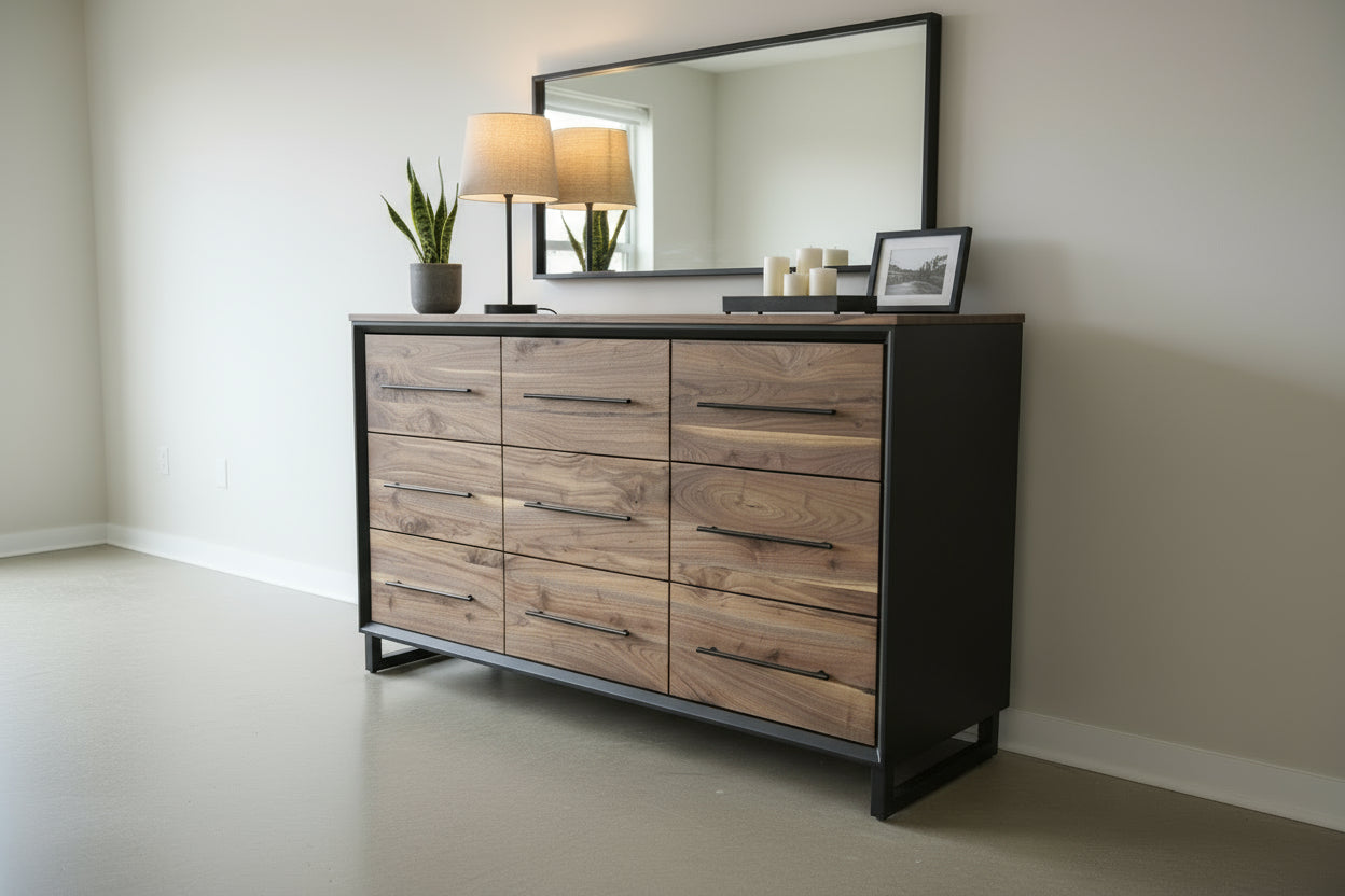 6foot 9 drawer walnut faced modern dresser in black with solid walnut top on steel legs.