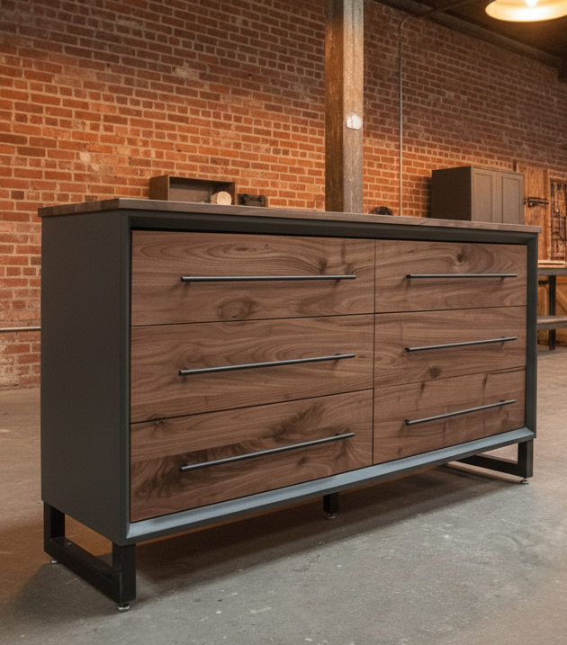 Hand Crafted to order 5 foot  6-Drawer Modern Industrial Dresser with real Walnut Drawer Faces and top room of choice delivery included