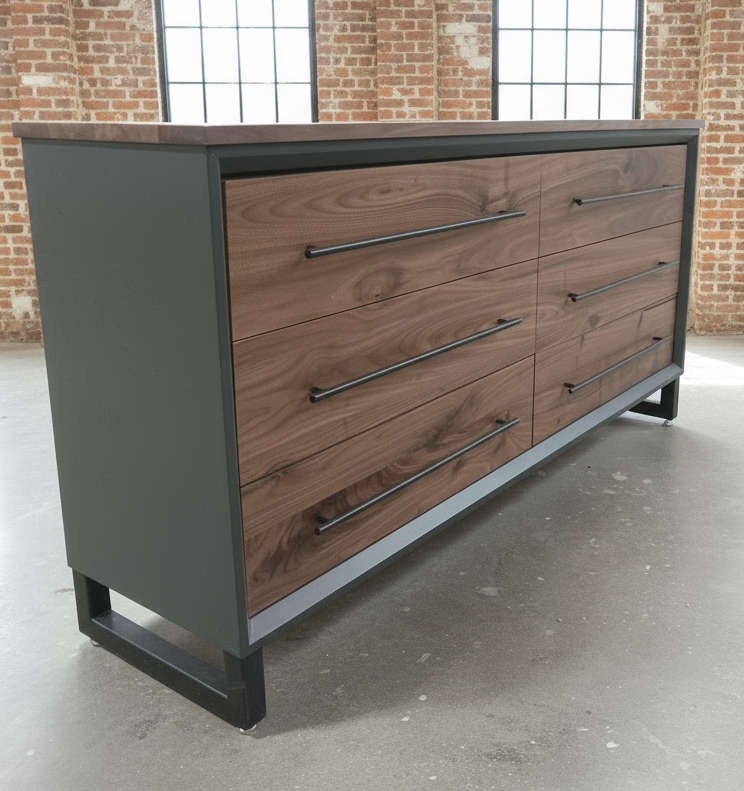 Hand Crafted to order 5 foot  6-Drawer Modern Industrial Dresser with real Walnut Drawer Faces and top room of choice delivery included