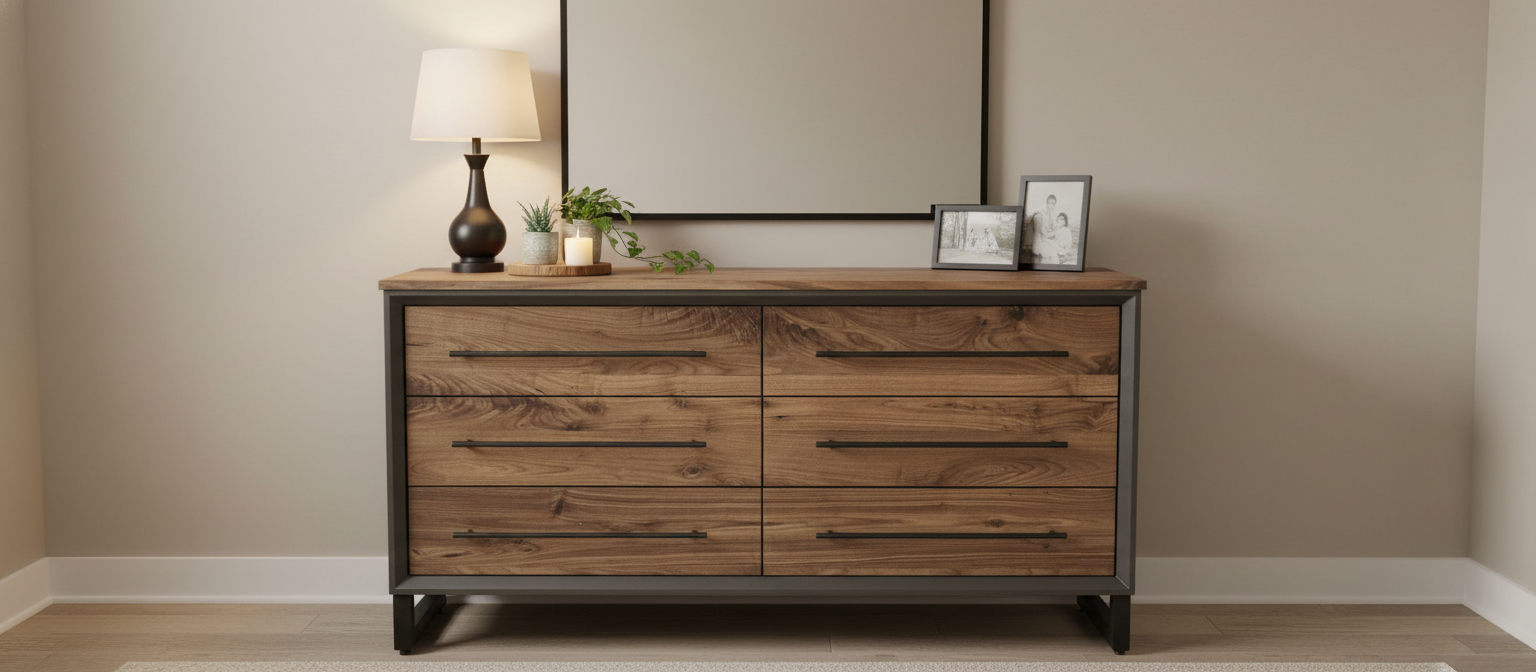 Hand Crafted to order 5 foot  6-Drawer Modern Industrial Dresser with real Walnut Drawer Faces and top room of choice delivery included