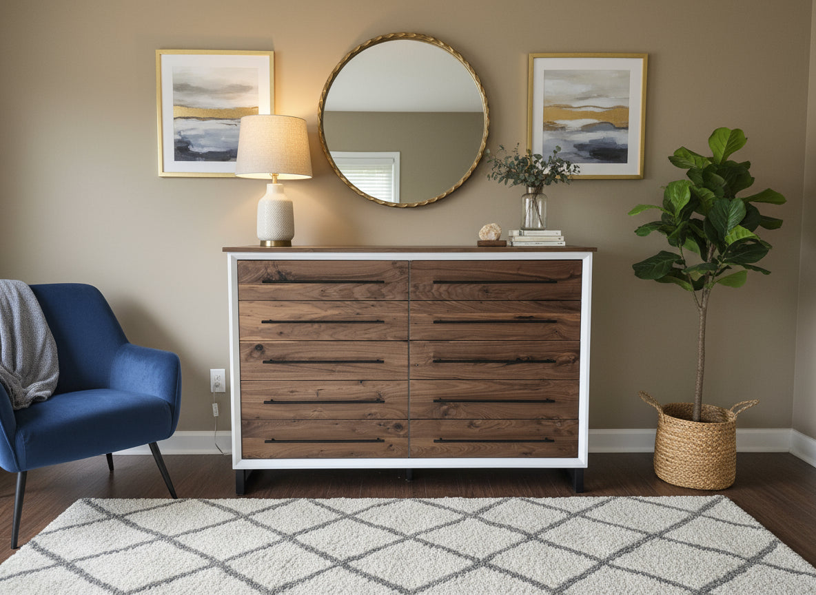 handcrafted 10 drawer 42 x 60 x 18 real walnut dresser and 2 18 x 18 x 24 3 drawer nighstand set with room of choice delivery 2200.00