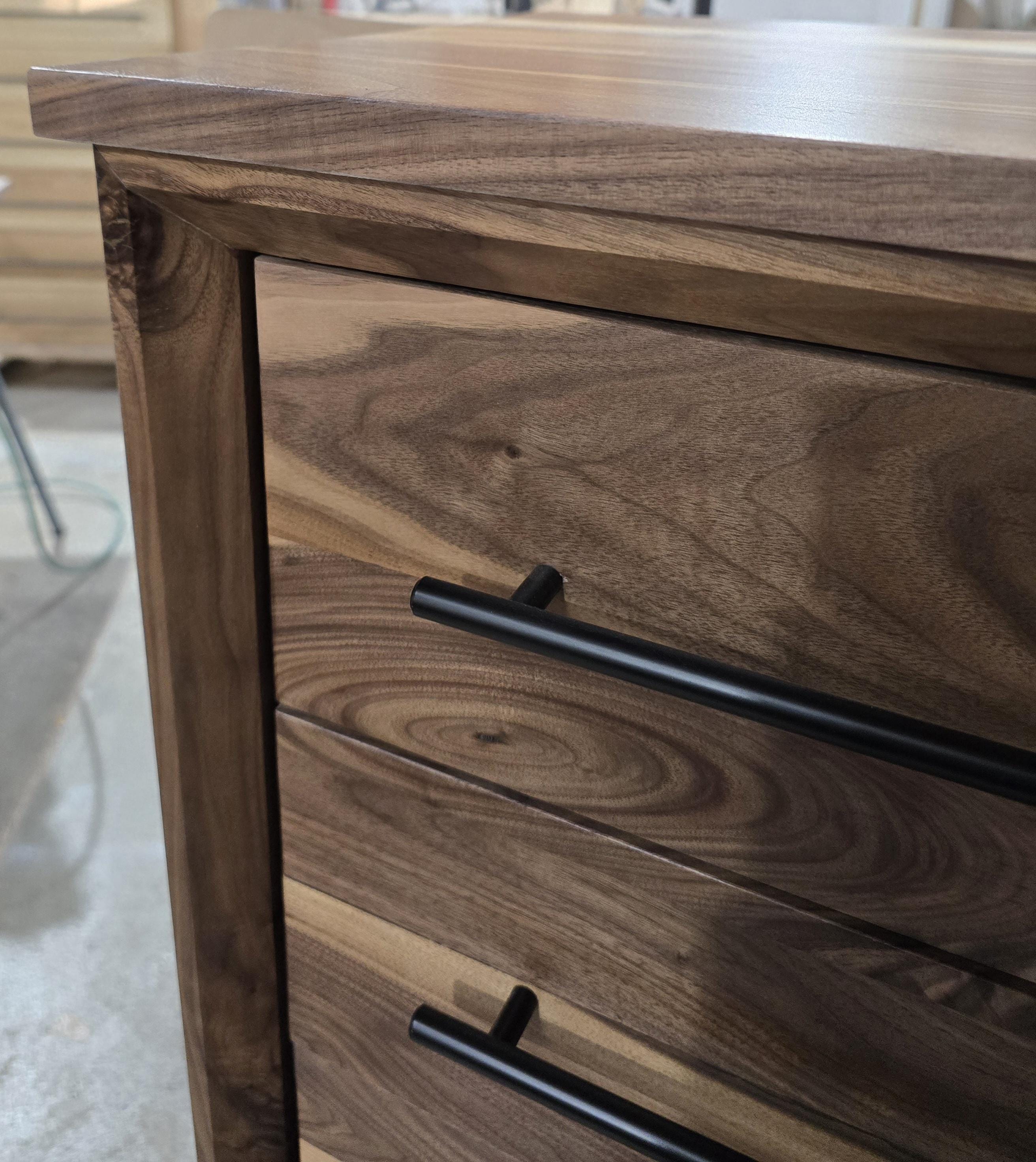 Handcrafted Modern Industrial 6 drawer Chest of Drawers in real walnut 49t x 30w x 18d with Steel Legs and Adjustable Feet