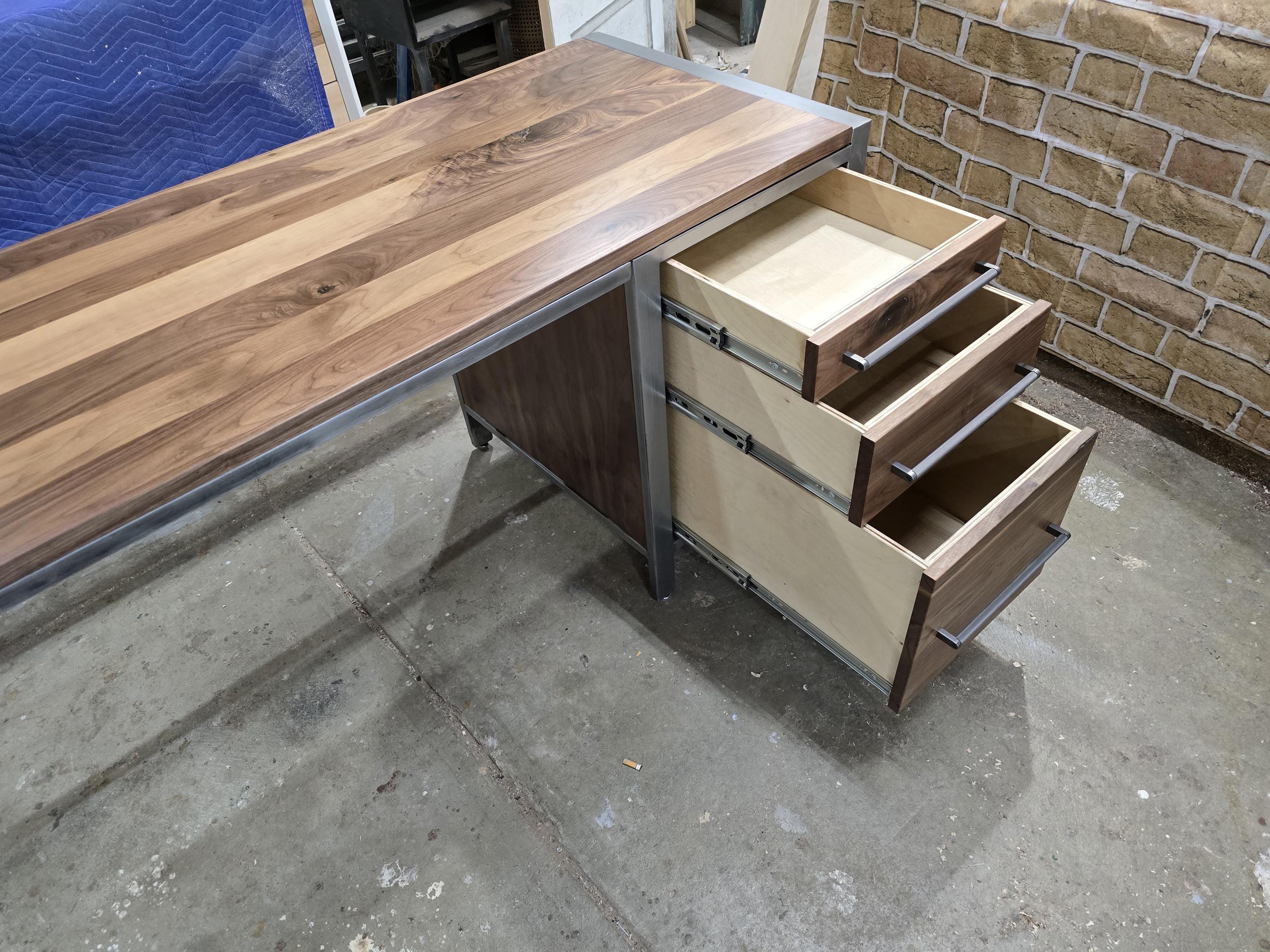 handcrafted modern industrial executive desk made with clear coated steel and natural real walnut 72w x 26d x 30t
