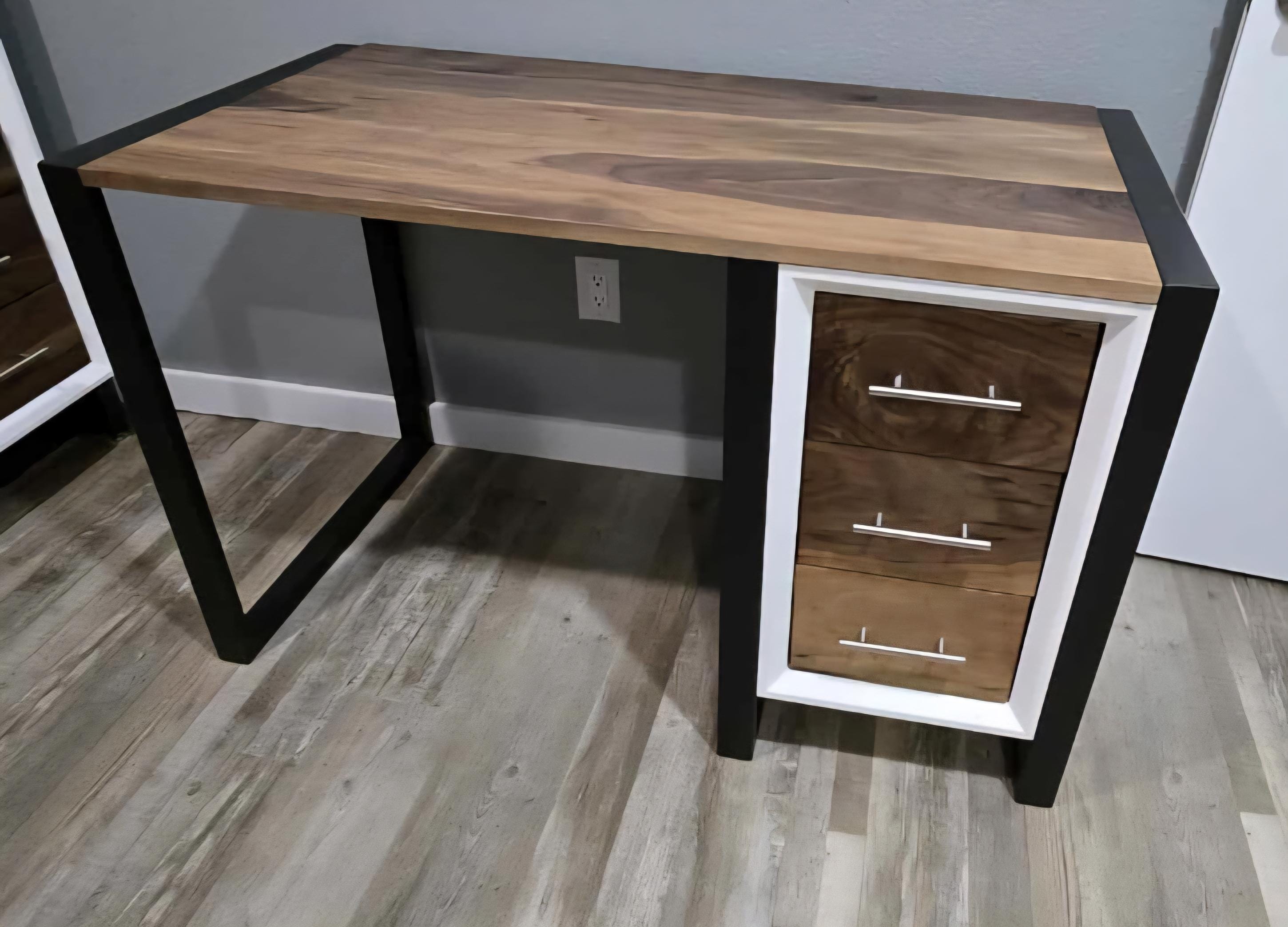 4ft wide 3 drawer modern desk with real walnut top and steel legs (shown in white) variations available.