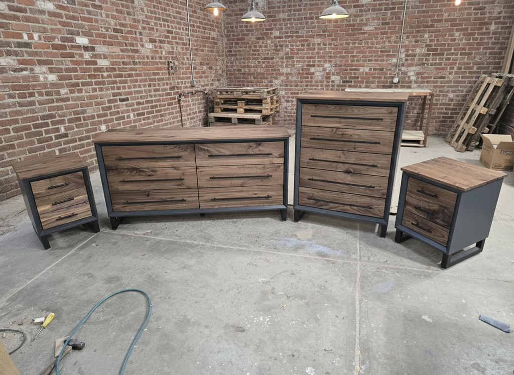 Hand Crafted to order 5 foot  6-Drawer Modern Industrial Dresser with real Walnut Drawer Faces and top room of choice delivery included