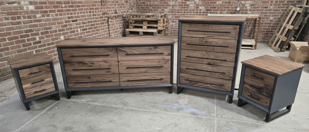 Hand Crafted to order 5 foot  6-Drawer Modern Industrial Dresser with real Walnut Drawer Faces and top room of choice delivery included
