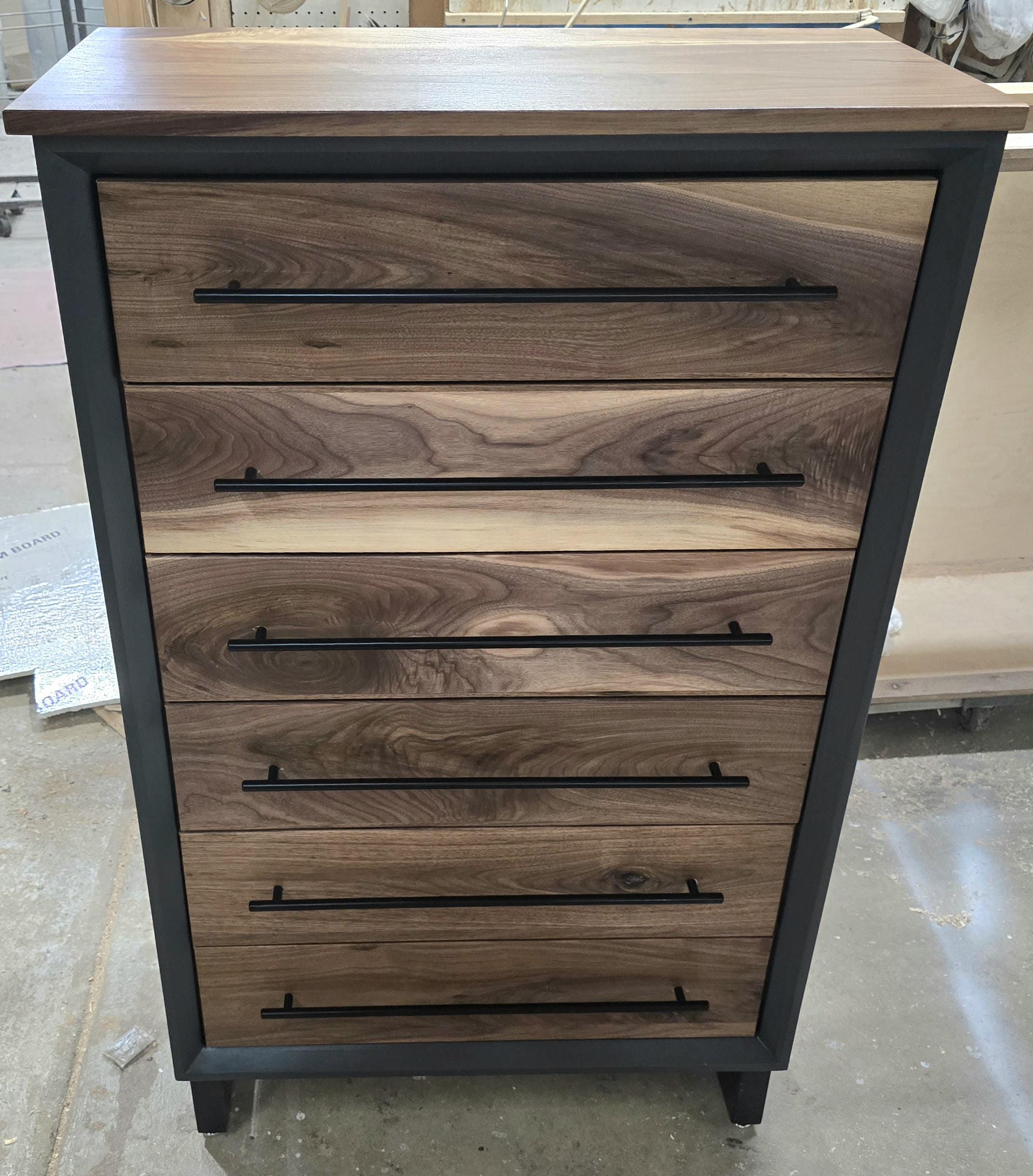 Handcrafted Modern Industrial 6 drawer Chest of Drawers in walnut 49t x 30w x 18d with Steel Legs and Adjustable Feet