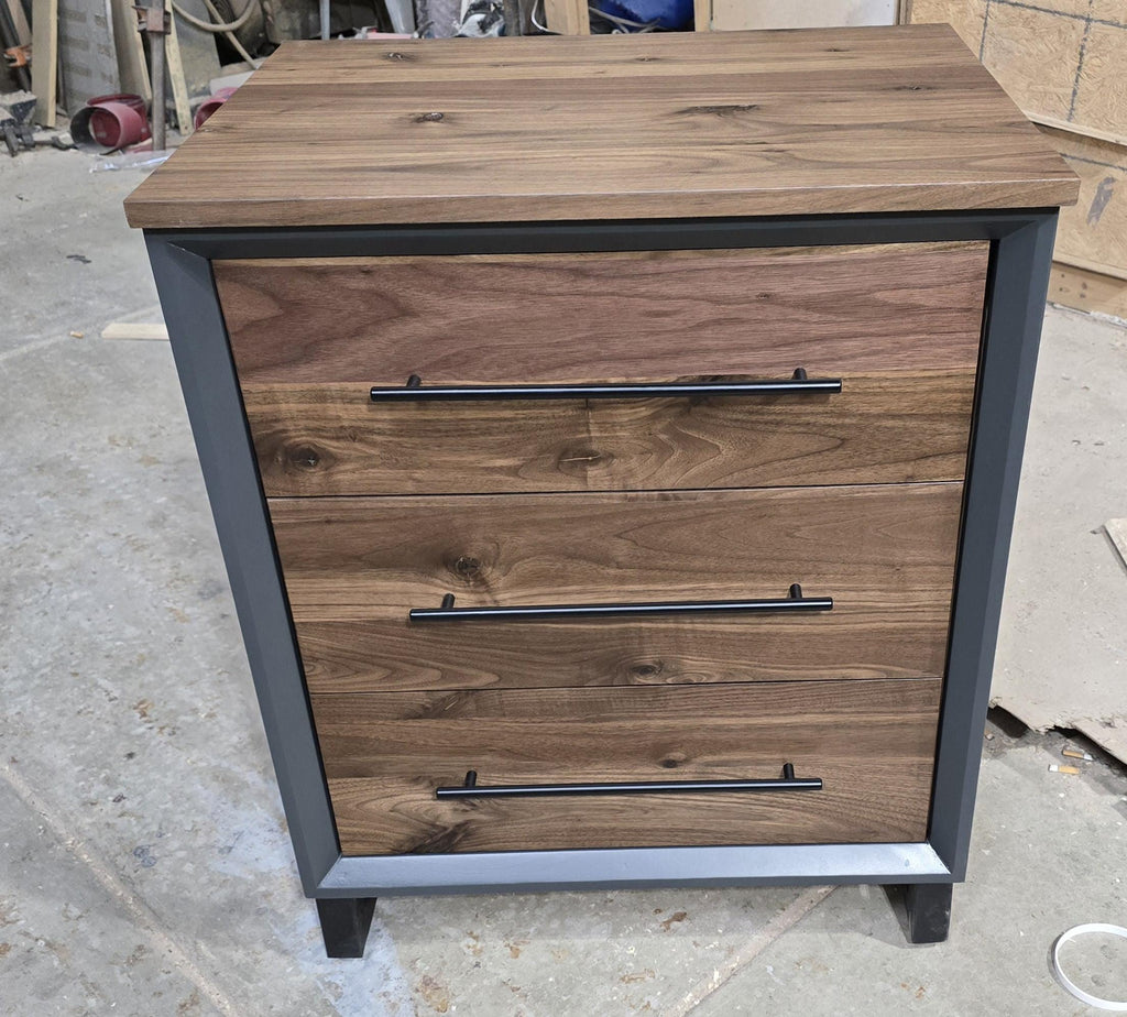 handmade small dresser/side table with 3 walnut faced drawers on steel legs 26w x 32t x 20d