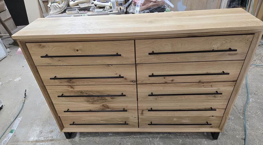Hand Crafted 5 foot 42"tall 18 deep  10 Drawer Modern Industrial Dresser made of white oak on steel legs with adjustable feet
