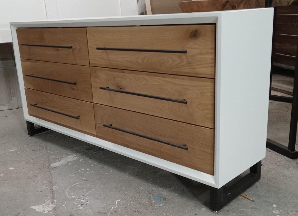Handcrafter 60" white with solid white oak fronts 6 drawer dresser with steel legs. Made to order.