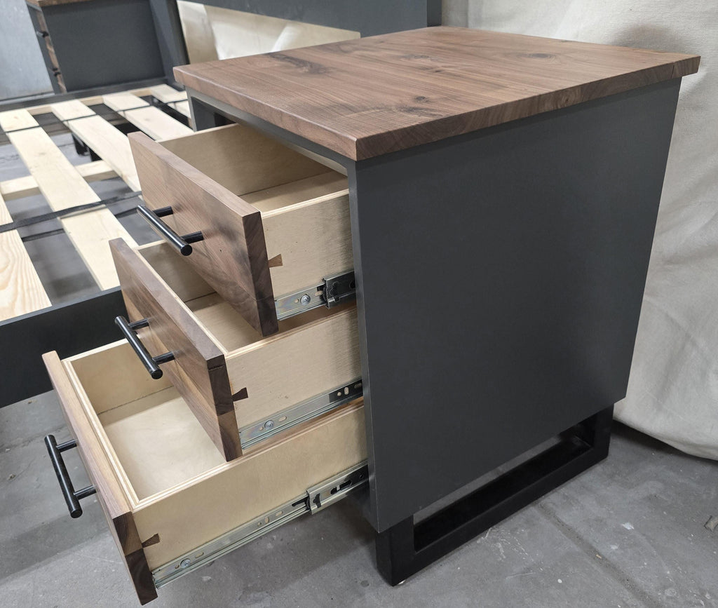 Handcrafted Modern 3 Drawer Nightstands with Walnut Face and Tops on 5" Steel Legs