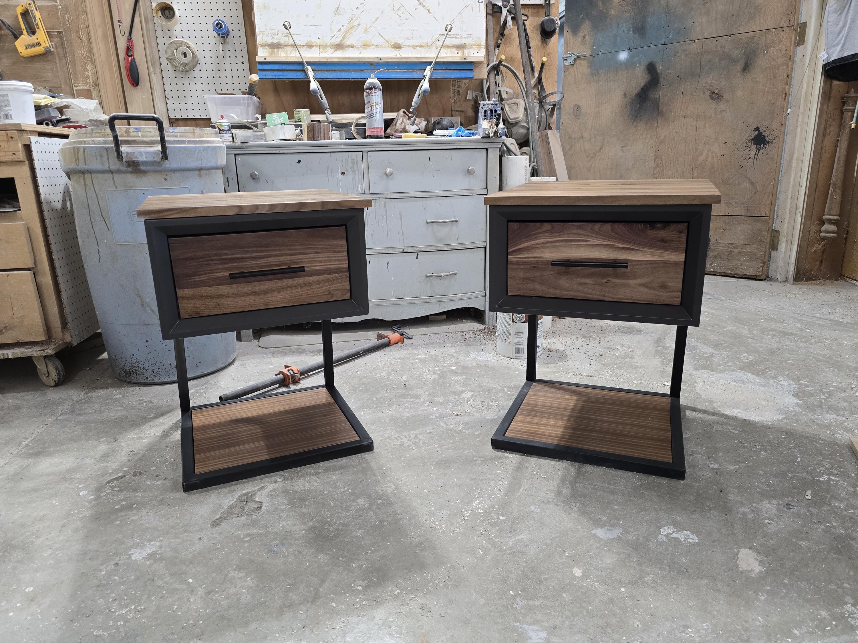 Handcrafted single drawer modern nightstands in black with real walnut and bottom shelf on steel legs