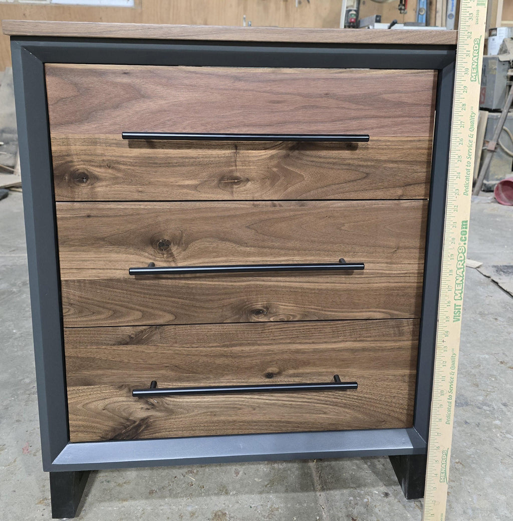 handmade small dresser/side table with 3 walnut faced drawers on steel legs 26w x 32t x 20d