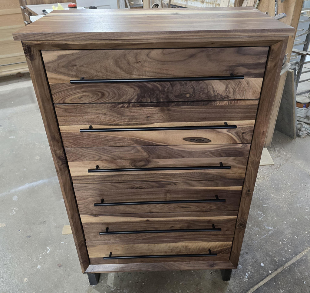 Handcrafted Modern Industrial 6 drawer Chest of Drawers in real walnut 49t x 30w x 18d with Steel Legs and Adjustable Feet