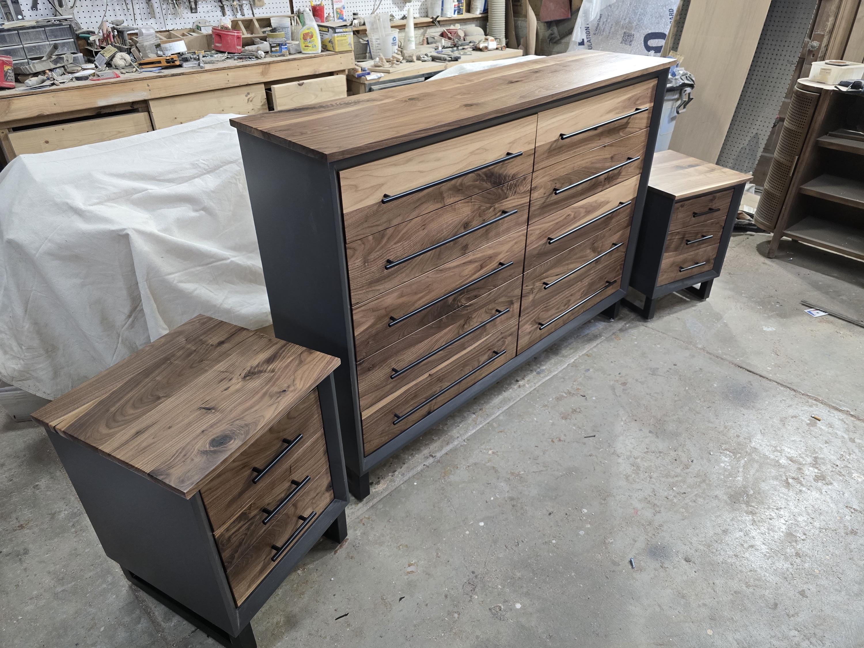 handcrafted 10 drawer 42 x 60 x 18 real walnut dresser and 2 18 x 18 x 24 3 drawer nighstand set with room of choice delivery 2200.00