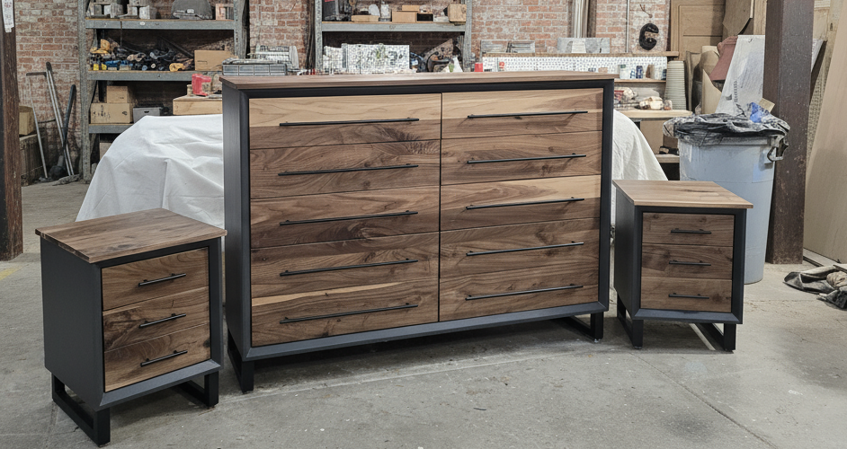 handcrafted 10 drawer 42 x 60 x 18 real walnut dresser and 2 18 x 18 x 24 3 drawer nighstand set with room of choice delivery 2200.00