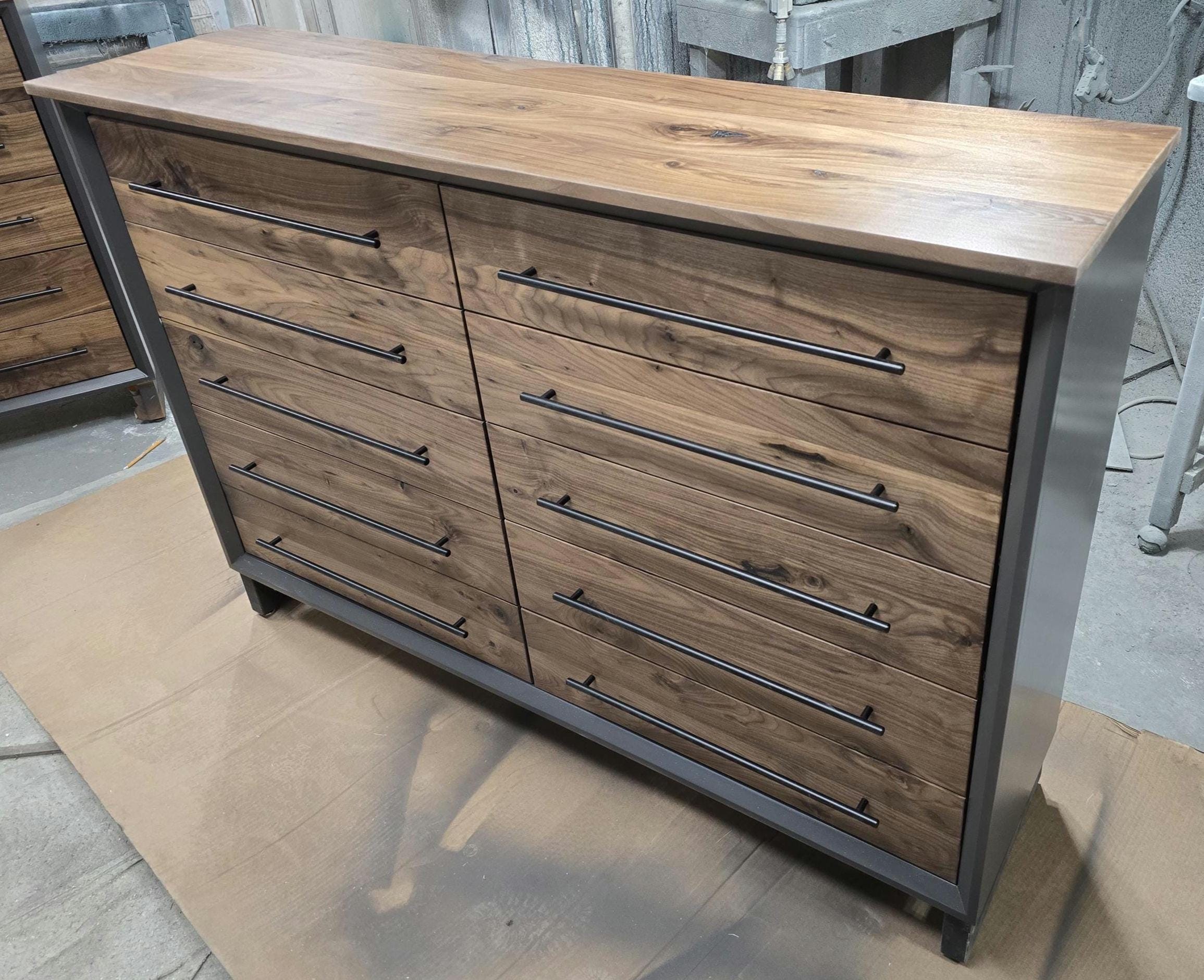 Hand Crafted 5 foot 42"tall  10 Drawer Modern Industrial Dresser with real Walnut Drawer Faces and top.