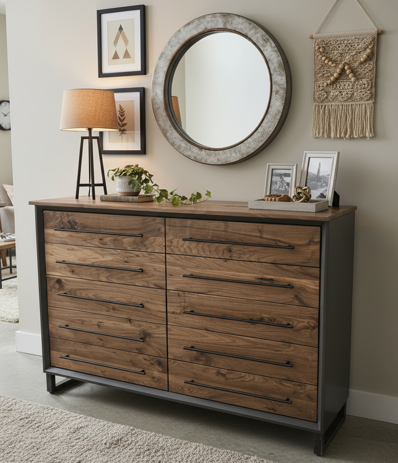 Hand Crafted 5 foot 42"tall  10 Drawer Modern Industrial Dresser with real Walnut Drawer Faces and top.