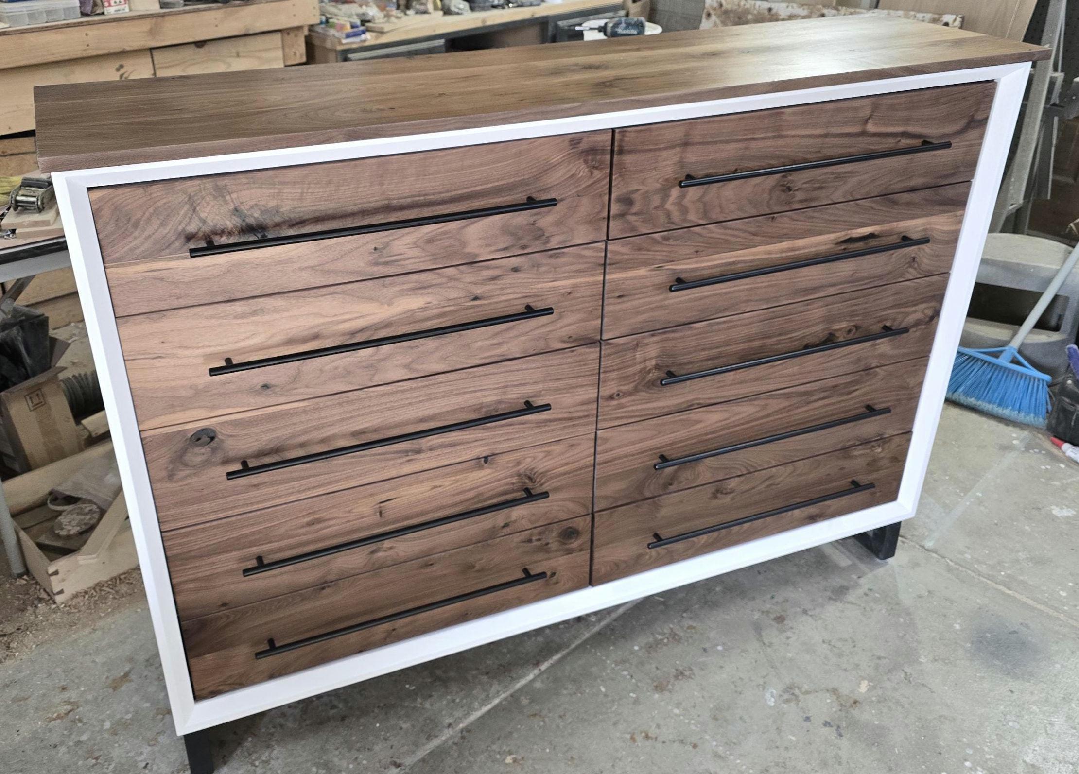 Hand Crafted 5 foot 42"tall  10 Drawer Modern Industrial Dresser with real Walnut Drawer Faces and top room of choice delivery included.