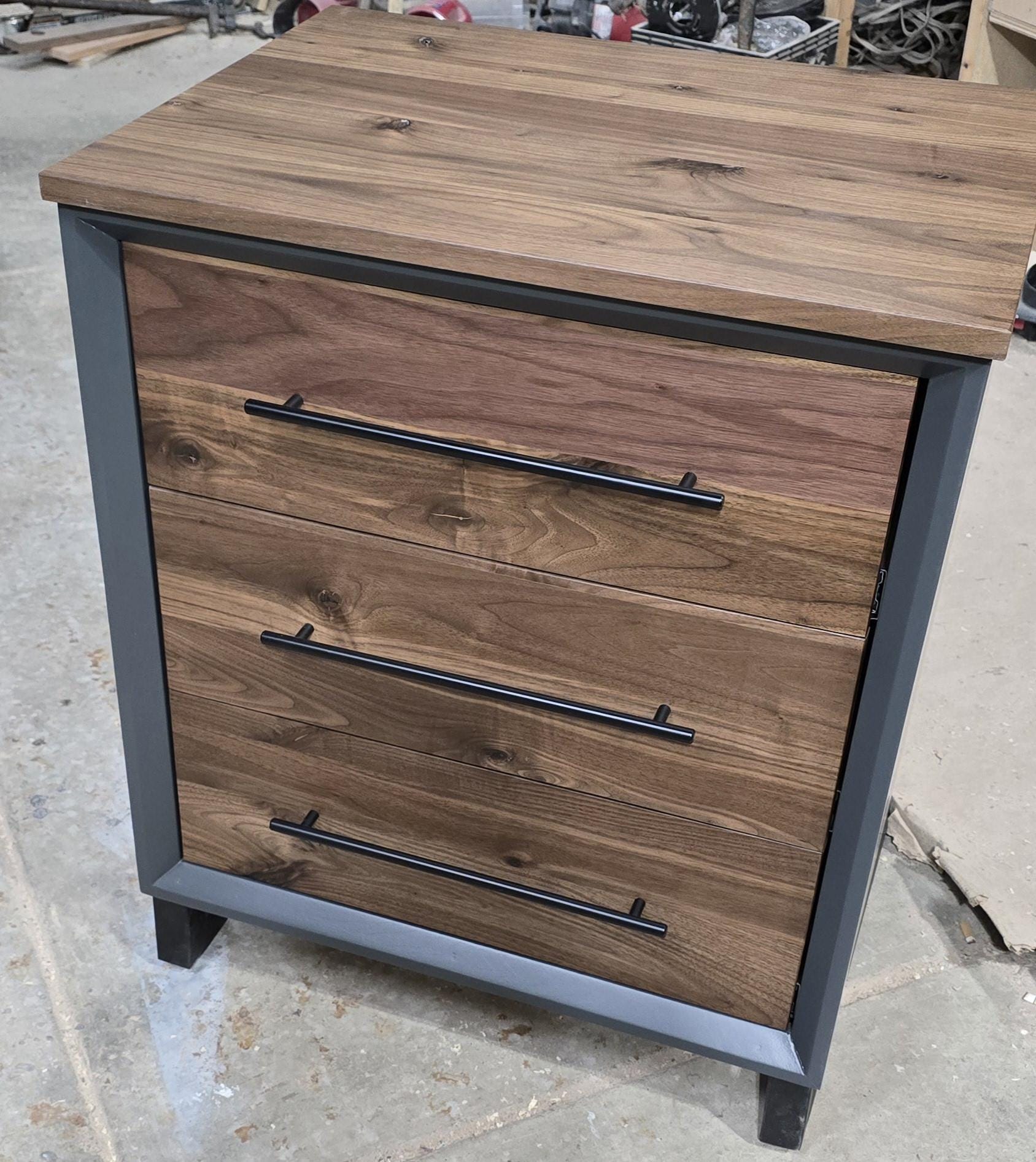 handmade small dresser/side table with 3 walnut faced drawers on steel legs 26w x 32t x 20d