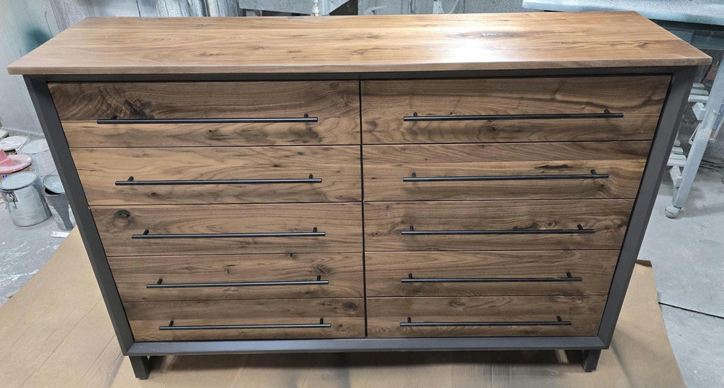 Hand Crafted 5 foot 42"tall  10 Drawer Modern Industrial Dresser with real Walnut Drawer Faces and top.