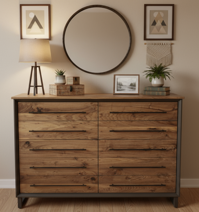 Hand Crafted 5 foot 42"tall  10 Drawer Modern Industrial Dresser with real Walnut Drawer Faces and top.