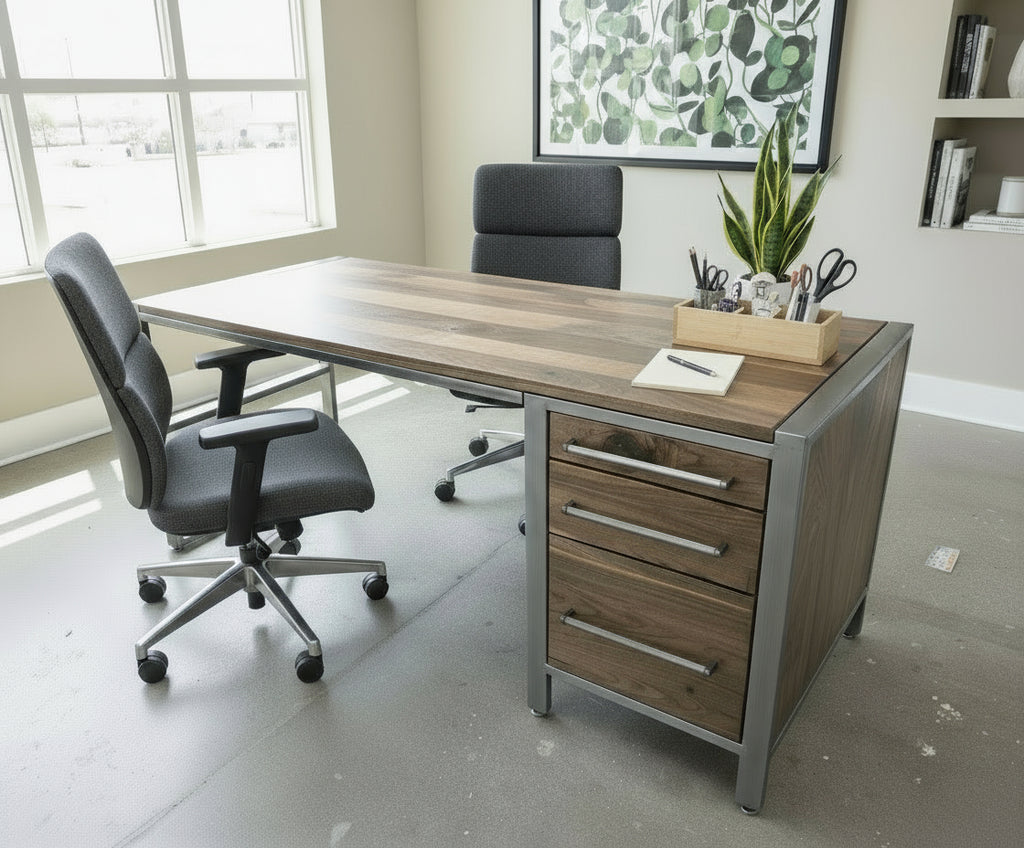 handcrafted modern industrial executive desk made with clear coated steel and natural real walnut 72w x 26d x 30t
