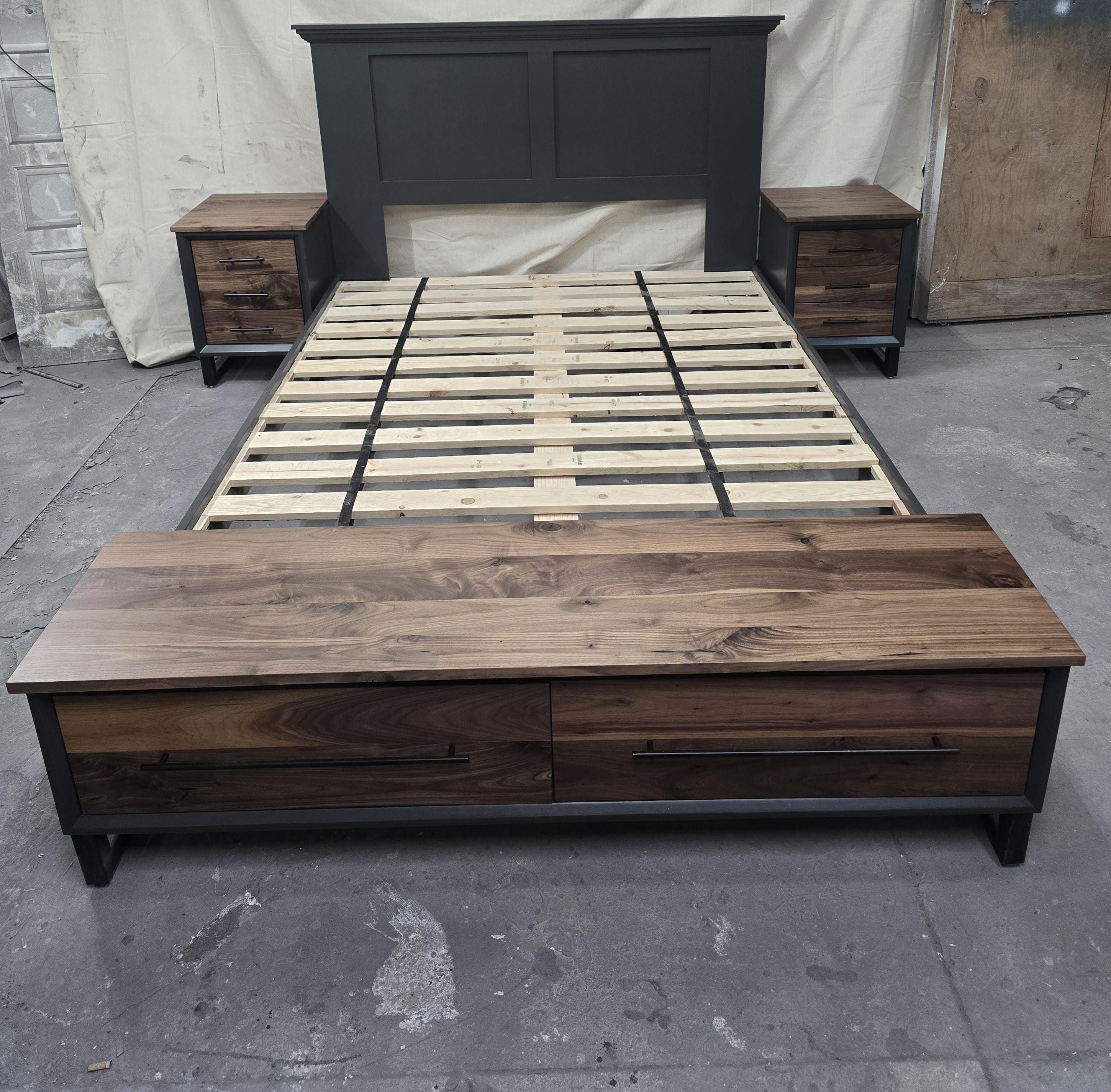 Handcrafted to order. footboard bench with storage dark Grey with walnut fronts and top. 2 drawer shown in queen available in all sizes