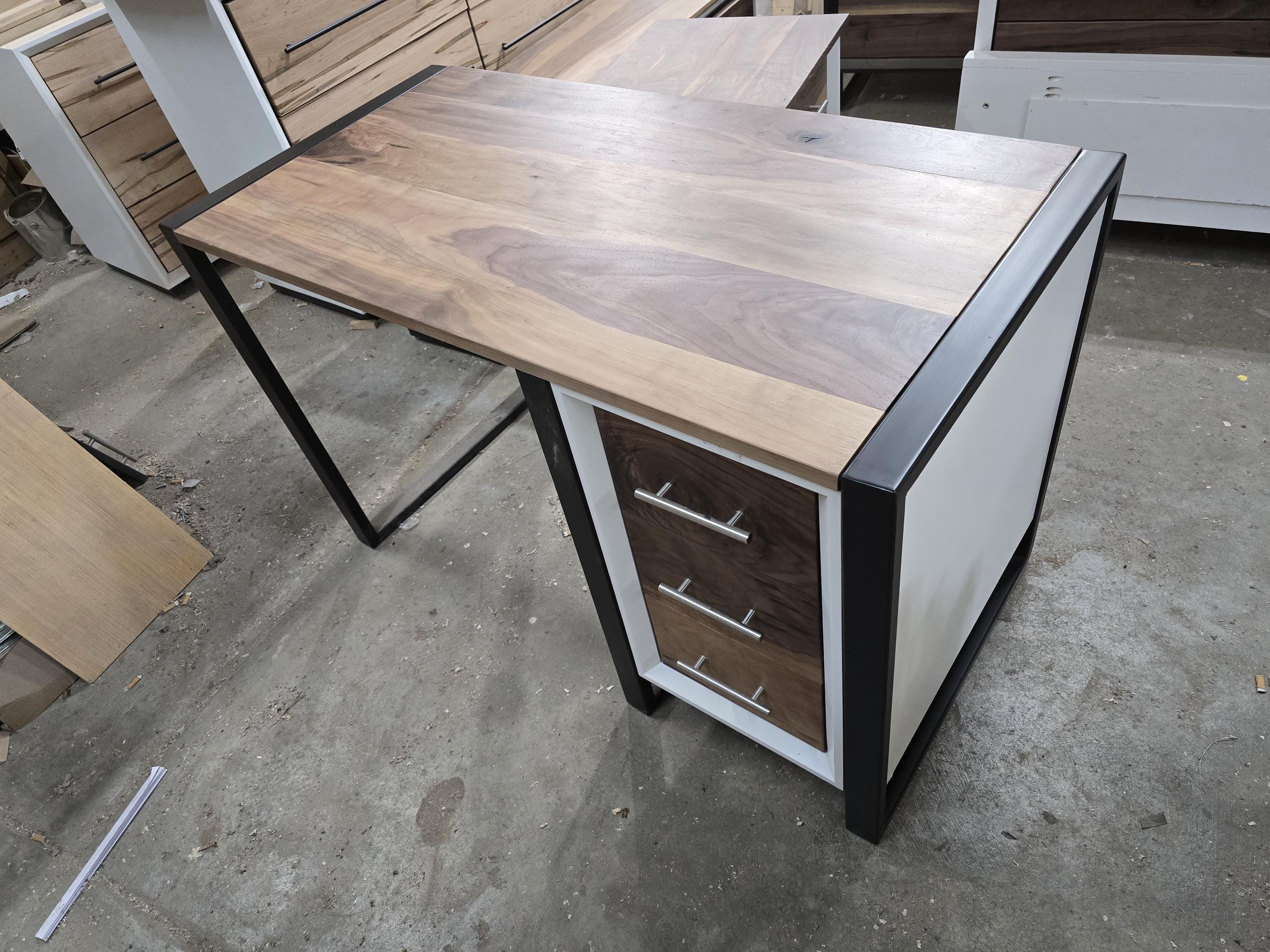 4ft wide 3 drawer modern desk with real walnut top and steel legs (shown in white) variations available.