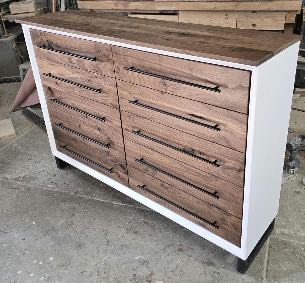Hand Crafted 5 foot 42"tall  10 Drawer Modern Industrial Dresser with real Walnut Drawer Faces and top room of choice delivery included.