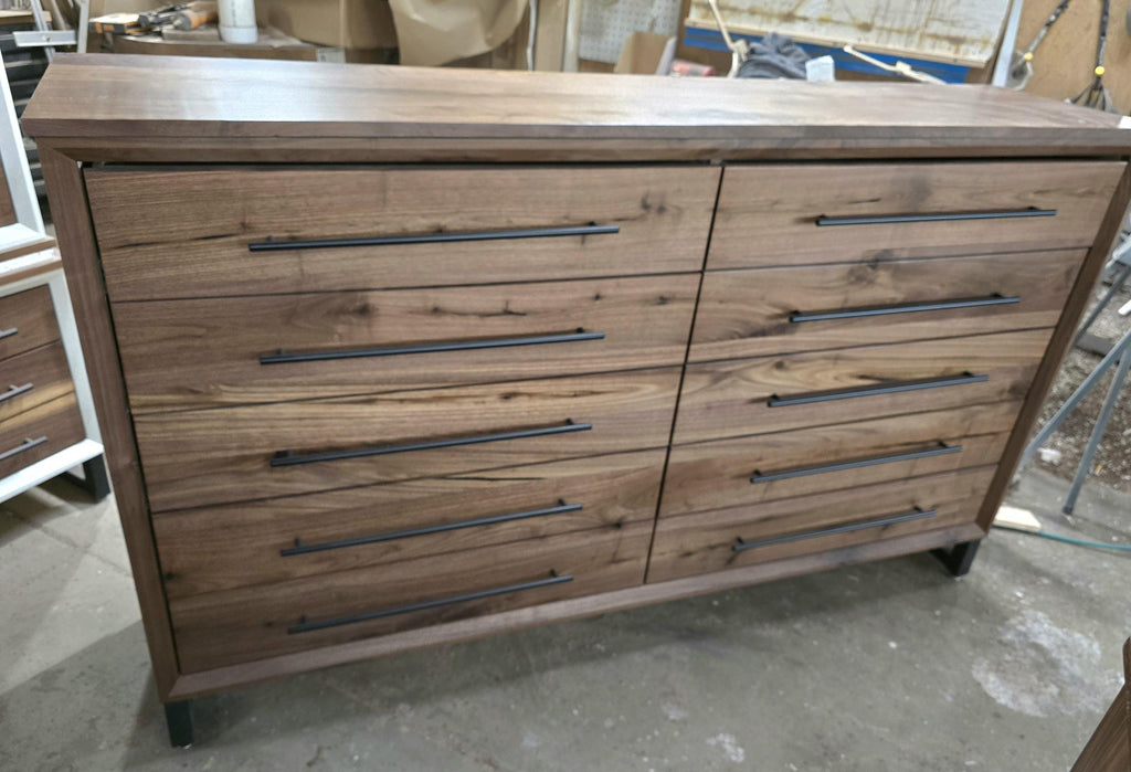 handcrafted 72w x 42t x 17d modern industrial walnut 10 drawer dresser.