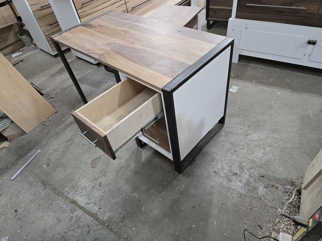 4ft wide 3 drawer modern desk with real walnut top and steel legs (shown in white) variations available.