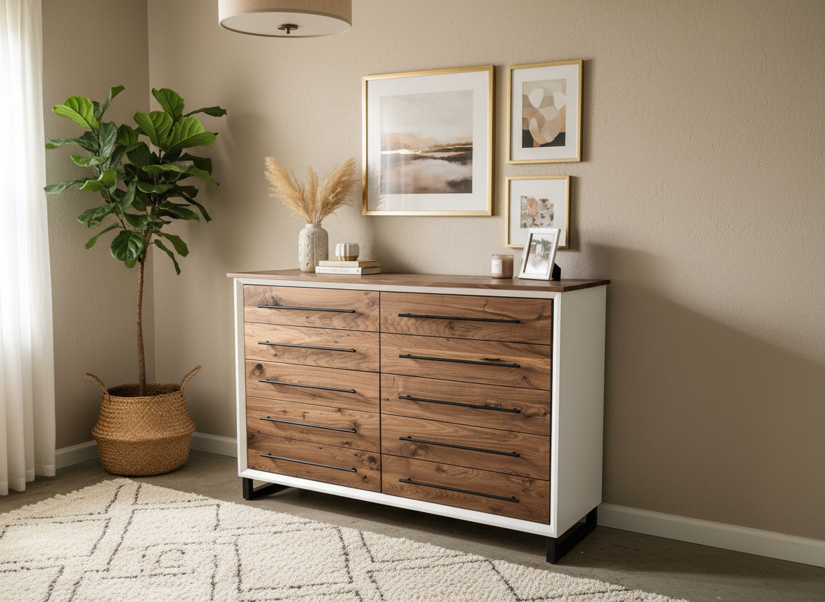 handcrafted 10 drawer 42 x 60 x 18 real walnut dresser and 2 18 x 18 x 24 3 drawer nighstand set with room of choice delivery 2200.00