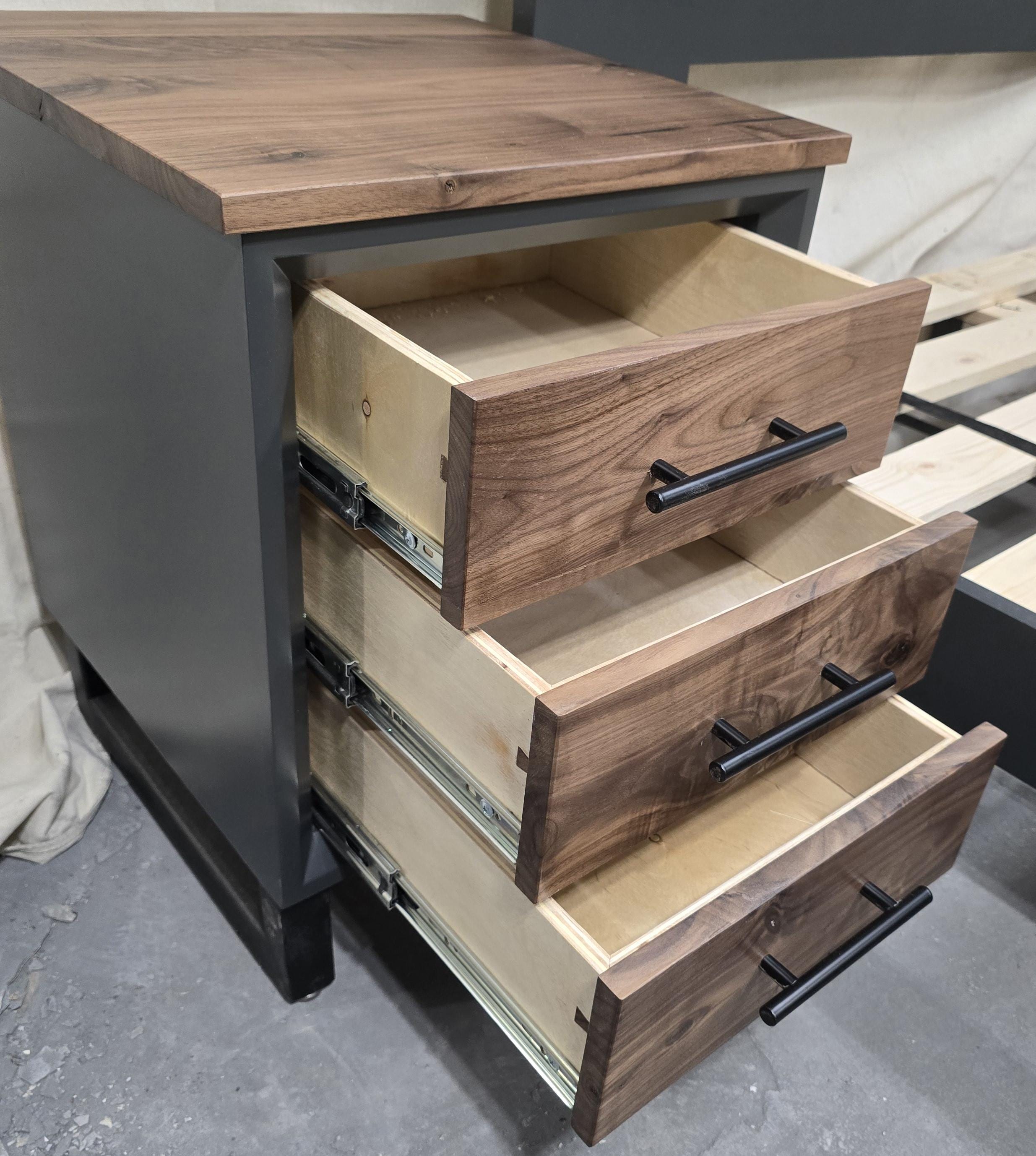 Handcrafted Modern 3 Drawer Nightstands with Walnut Face and Tops on 5" Steel Legs