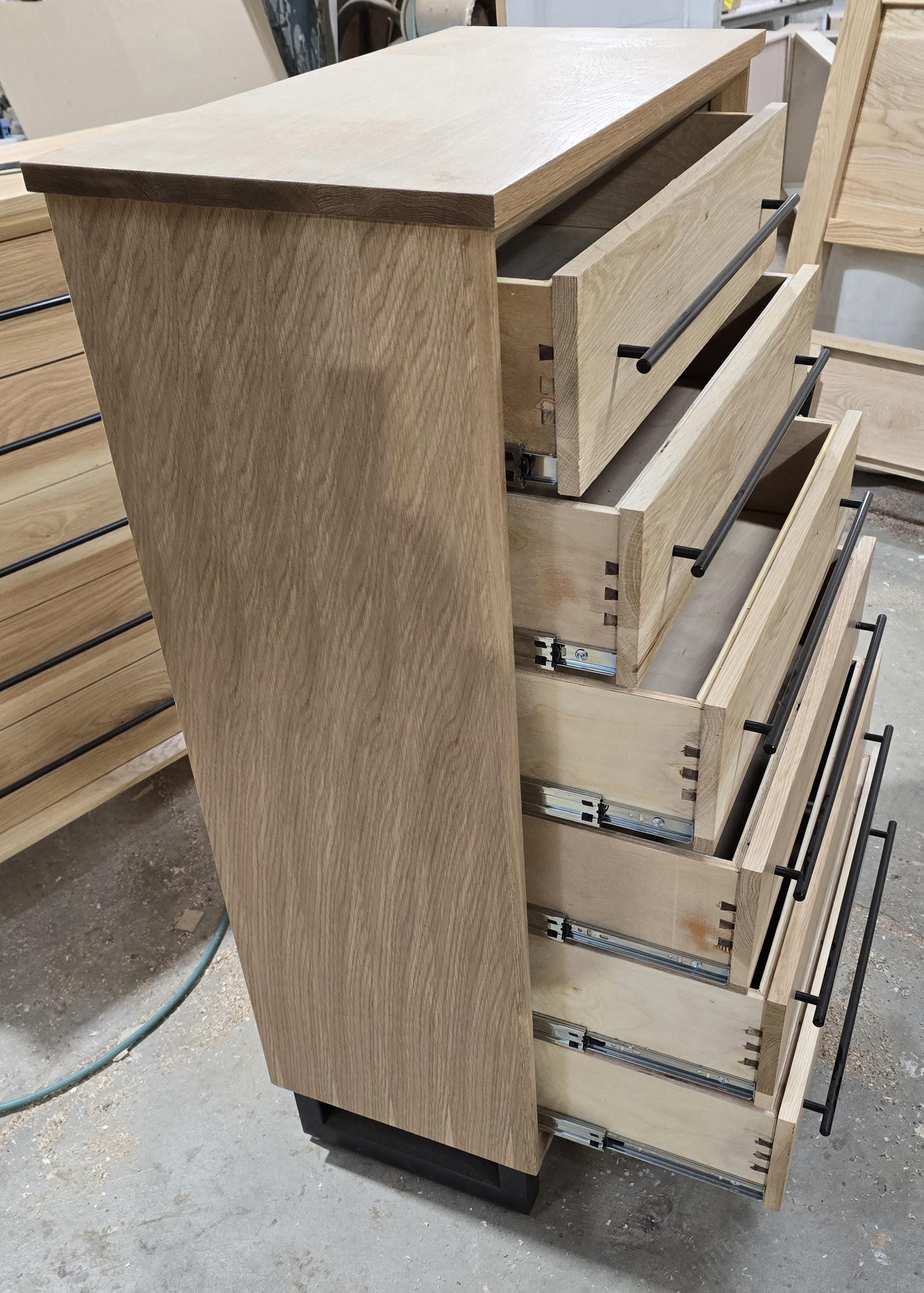handcrafted Modern Industrial 6 drawer Chest of drawers in white oak 49t x 30w x 15d with Steel Legs and Adjustable Feet