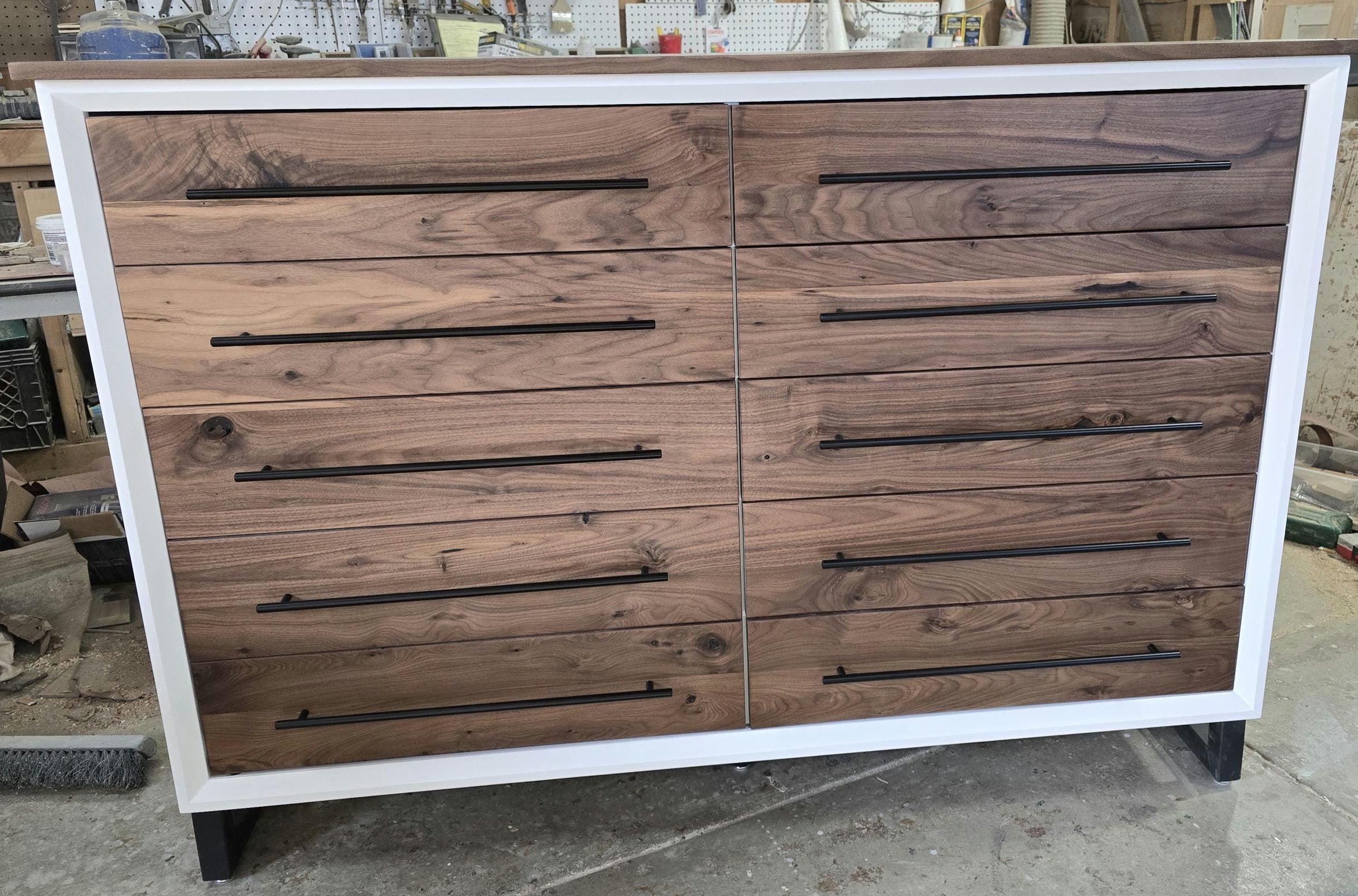 Hand Crafted 5 foot 42"tall  10 Drawer Modern Industrial Dresser with real Walnut Drawer Faces and top room of choice delivery included.