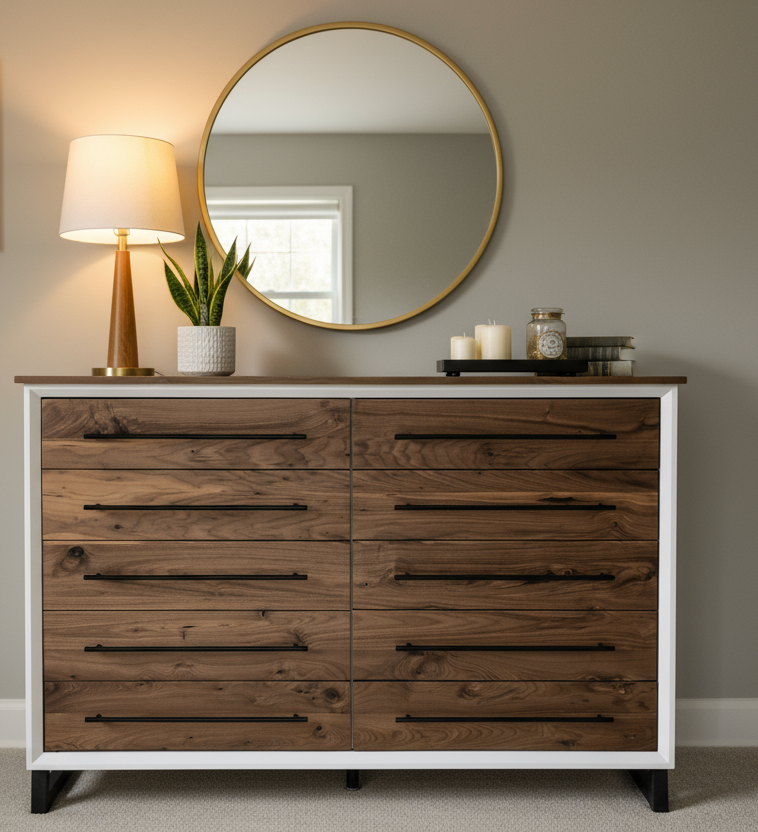 Hand Crafted 5 foot 42"tall  10 Drawer Modern Industrial Dresser with real Walnut Drawer Faces and top room of choice delivery included.