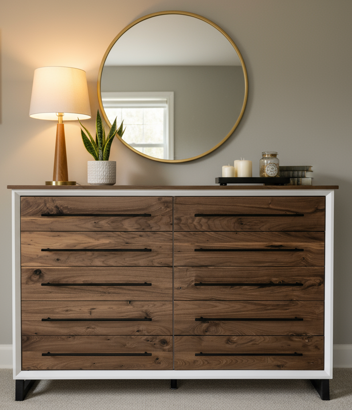 Hand Crafted 5 foot 42"tall  10 Drawer Modern Industrial Dresser with real Walnut Drawer Faces and top room of choice delivery included.