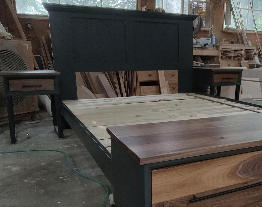 Handcrafted to order. footboard bench with storage dark Grey with walnut fronts and top. 2 drawer shown in queen available in all sizes