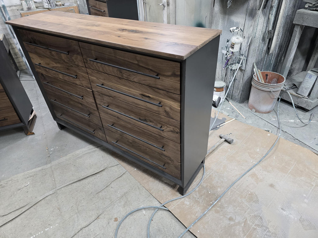 Hand Crafted 5 foot 42"tall  10 Drawer Modern Industrial Dresser with real Walnut Drawer Faces and top.