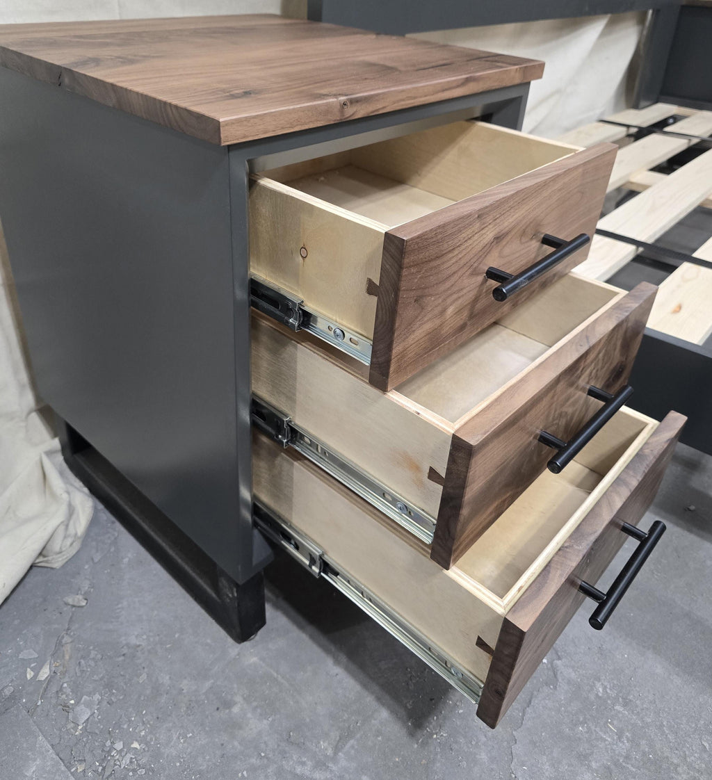 handcrafted modern bedroom sets (dresser and nightstands) in walnut or white oak in dark Grey or white on steel legs starting at 1200.00