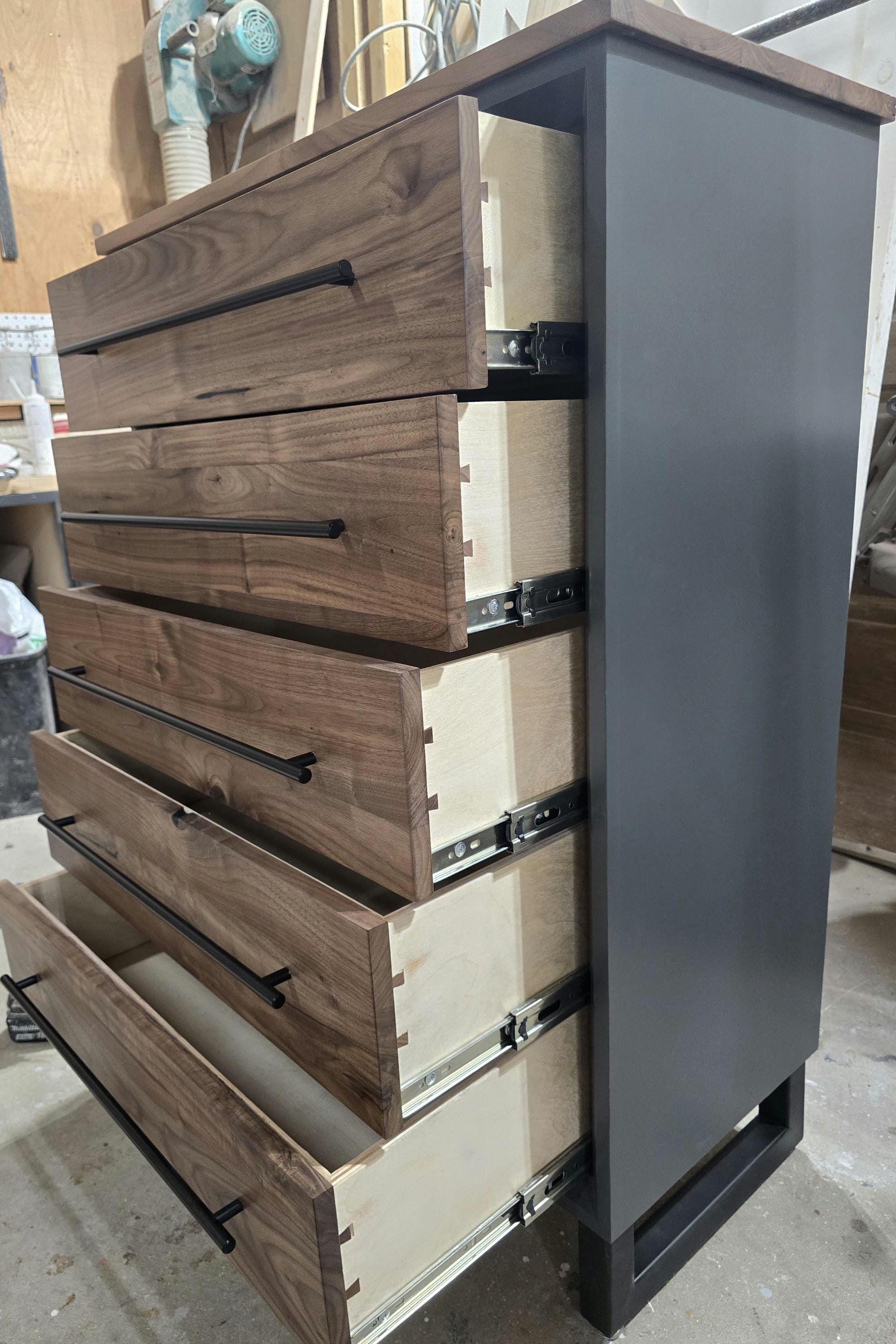 Handcrafted Modern Industrial Chest of Drawers in walnut 42t x 30w x 18d with Steel Legs and Adjustable Feet