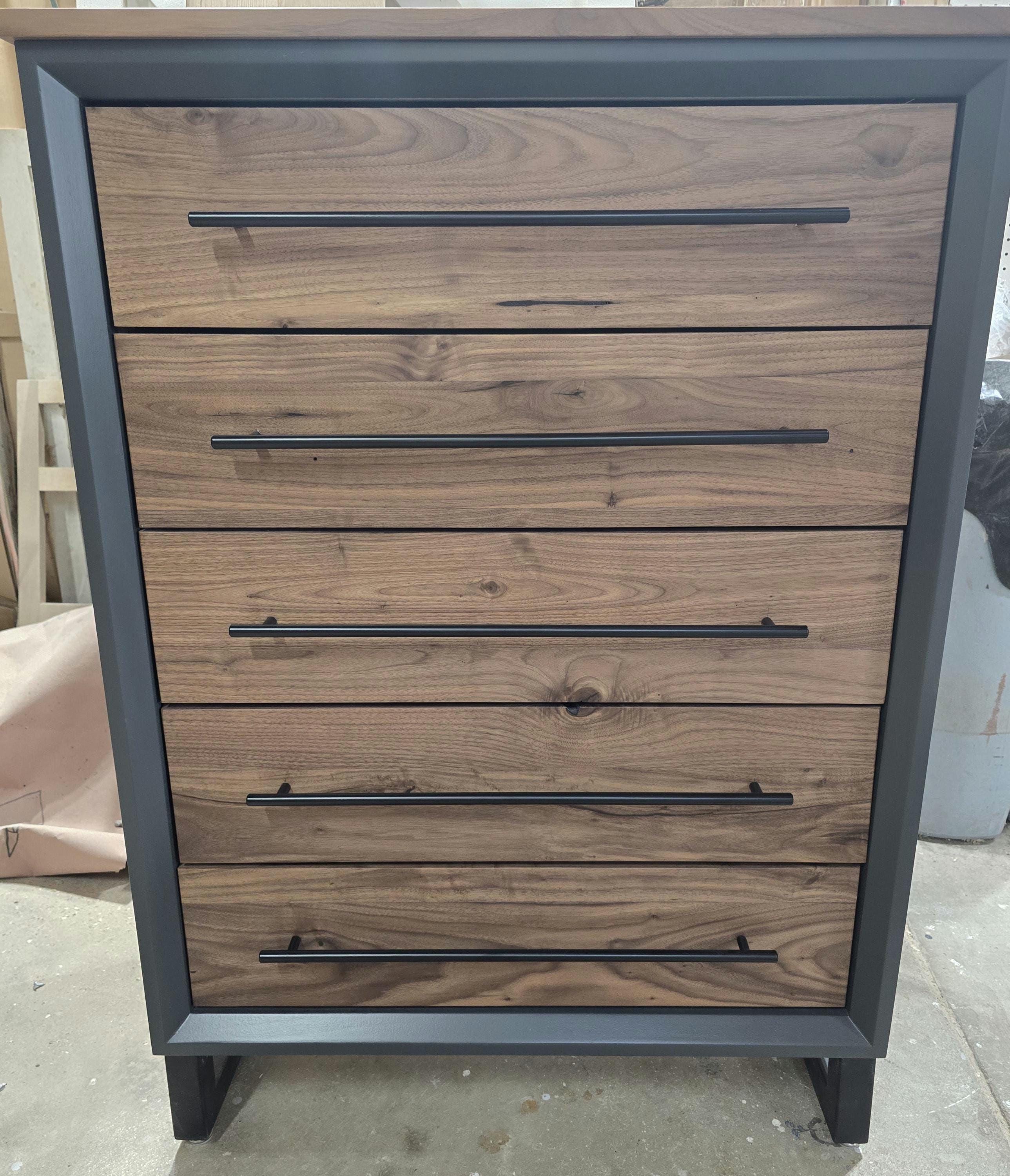 Handcrafted Modern Industrial Chest of Drawers in walnut 42t x 30w x 18d with Steel Legs and Adjustable Feet